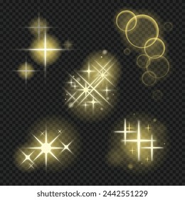 Efecto de luz brillante. El brillo estrella parpadea con efecto de realce. Brillo bokeh y lentejuelas dorados, brillo mágico brillante llamarada brillante. Brillo brillante efecto deslumbramiento. Ilustración vectorial de estrella parpadeante.