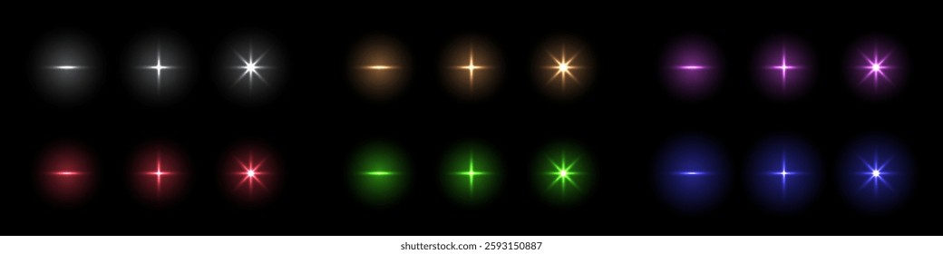 Sparkle lights with flare effect. Glared glow stars of different colors on black background. Flash of light with ray beams in space. Abstract futuristic vector illustration set.