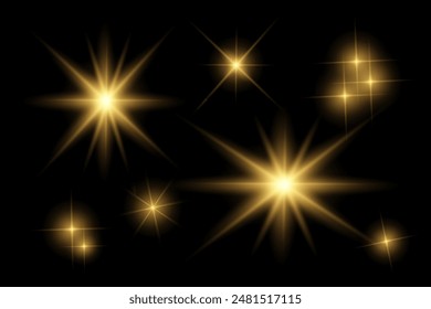 sparkle  lights, flashing lights, light effects, sunlight lens flare, glowing ray beams, sparkling starsicon on black background.