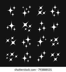 Sparkle lights stars. White stars sparkled in the black sky, fire or light glistening and shimmering. Vector flat style cartoon illustration isolated on black background