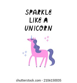 Sparkle like unicorn hand-drawn lettering and unicorn character vector illustration.