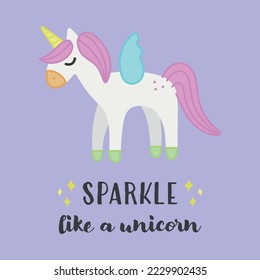 Sparkle like a unicorn vector illustration. Cute unicorn greeting card, pegasus isolated on violet background.