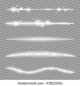 Sparkle line dividers with stars and lights isolated on transparent background.