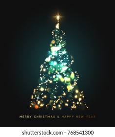Sparkle magic xmas tree light. Greeting card Merry Christmas and Happy New Year. Vector illustration