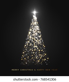 Sparkle magic xmas tree light. Greeting card Merry Christmas and Happy New Year. Vector illustration