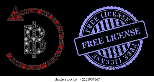 Sparkle mesh bitcoin refund with light spots, and Free License blue round grunge seal. Vector constellation based on bitcoin refund icon. Glowing carcass mesh bitcoin refund.
