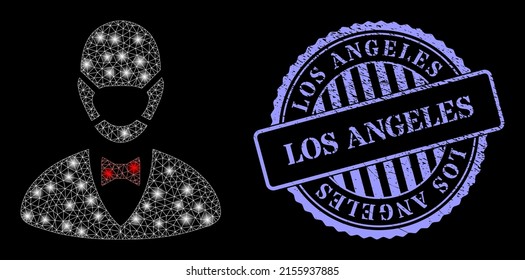 Sparkle mesh boss mask with glowing spots, and Los Angeles blue round grunge stamp seal. Vector model created from boss mask icon. Bright frame mesh boss mask.