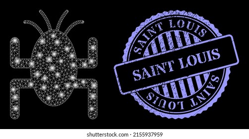Sparkle mesh bug tick with glowing spots, and Saint Louis blue round textured seal imitation. Vector model based on bug tick icon. Glowing carcass mesh bug tick.
