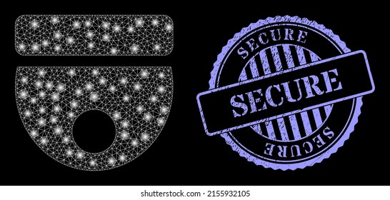 Cámara CCTV de malla espumosa con manchas luminosas y sello de goma azul Secure round. Cápsula vectora creada a partir del icono de la cámara CCTV. Cámara CCTV de malla brillante.