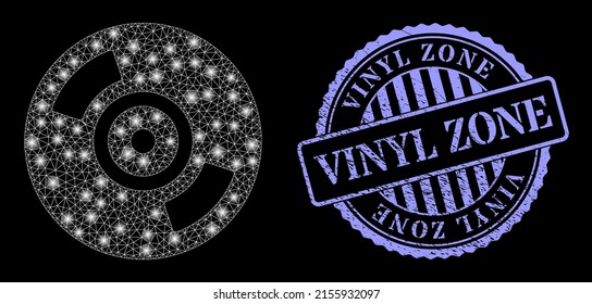 Sparkle-Mesh-CD mit Lichtflecken und Vinyl Zone blau rund unlean Stempelsiegel. Vektorkonstellation erzeugt aus dem CD-Disk-Symbol. Konstellationskarkasse polygonale CD-Scheibe.
