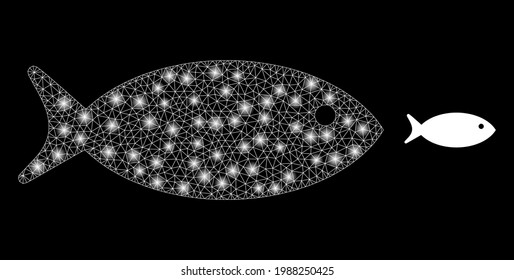 Sparkle mesh fish with lightspots. Vector carcass based on fish icon. Glossy carcass polygonal fish on a black background.