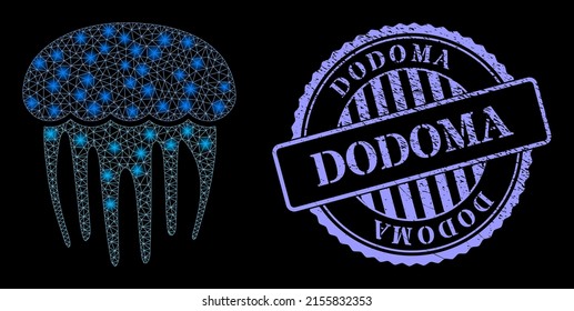 Sparkle mesh jellyfish with light spots, and Dodoma blue round corroded seal. Vector constellation generated from jellyfish icon. Constellation frame mesh jellyfish.