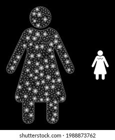 Sparkle mesh old woman with light spots. Vector frame based on old woman icon. Glowing frame mesh old woman on a black background.