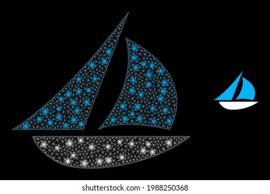 Sparkle mesh sailing boat with glowing spots. Vector frame generated from sailing boat icon. Glowing frame mesh sailing boat on a black background.