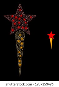 Sparkle mesh star start with light spots. Vector carcass based on star start icon. Glowing carcass mesh star start on a black background.