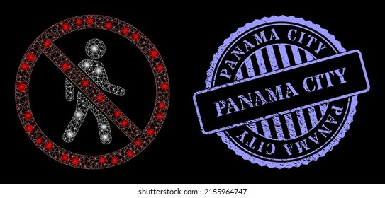 Sparkle mesh stop pedestrian man with glowing spots, and Panama City blue round dirty seal print. Vector constellation based on stop pedestrian man icon. Glowing carcass mesh stop pedestrian man.