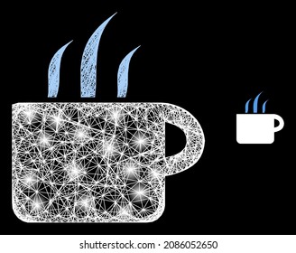 Sparkle net aroma cup with light spots on a black background. Light vector mesh is based on aroma cup icon, with hatched network and light spots.