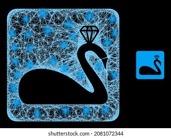 Sparkle net crowned swan with light spots on a black background. Light vector mesh based on crowned swan symbol, with irregular mesh and light dots.