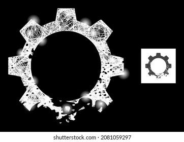 Sparkle net damaged gear with light spots on a black background. Light vector mesh is based on damaged gear symbol, with intersected net and light spots.