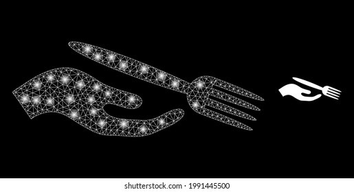 Sparkle net dining etiquette with glowing spots. Vector constellation based on dining etiquette icon. Glowing carcass mesh dining etiquette on a black background.