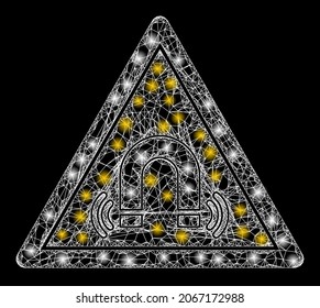 Sparkle net magnet field danger with glowing spots. Vector carcass created from magnet field danger icon, and with intersected lines.