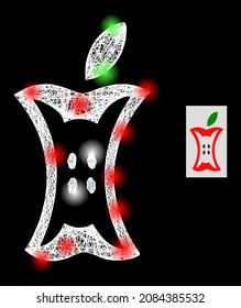 Sparkle net mesh apple stump icon with light spots and white mesh on a black background. Light vector structure based on apple stump icon, with hatched white network and random light dots.