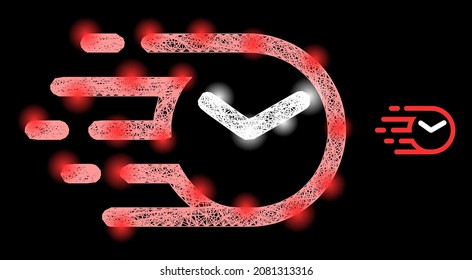 Rellenar el reloj de malla de la red con manchas de luz sobre un fondo negro. Malla vectorial iluminada basada en el glifo de reloj, con manchas irregulares de red y luz.