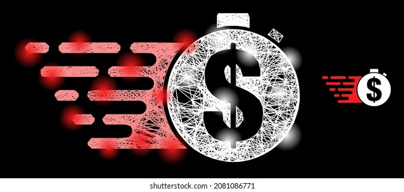 Medidor de crédito de malla neta esparcido con manchas de luz sobre un fondo negro. Malla vectorial ligera basada en el símbolo del medidor de crédito, con red rayada y manchas luminosas.