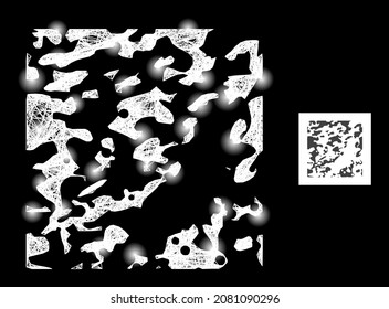 Malla de red de centelleo destruida con manchas de luz sobre un fondo negro. El modelo vectorial de luz se basa en la imagen destructiva, con malla rayada y manchas luminosas.