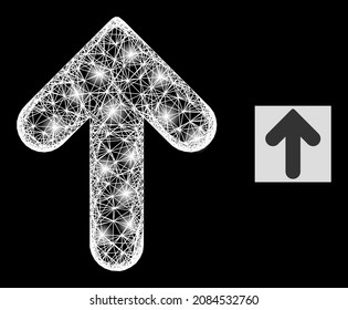 Sparkle net mesh up direction icon with light spots and white mesh on a black background. Light vector constellation is based on up direction icon, with linear white mesh and scattered light spots.