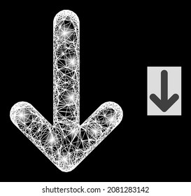 Sparkle net mesh down arrow with light spots on a black background. Bright vector constellation based on down arrow picture, with linear mesh and light spots.