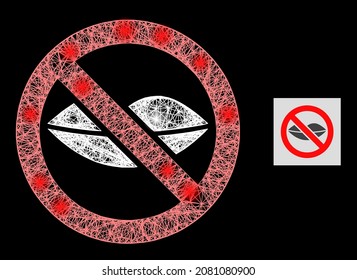 Sparkle net mesh forbidden kiss with light spots on a black background. Bright vector mesh created from forbidden kiss symbol, with irregular mesh and light spots.