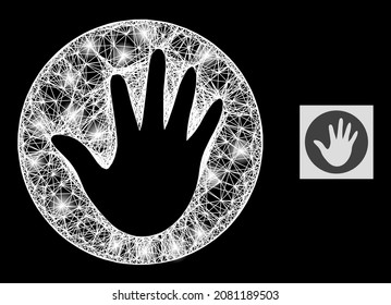 Círculo de la malla de la red con manchas brillantes sobre un fondo negro. La estructura del vector de luz se basa en el icono del círculo de la mano, con malla irregular y puntos de luz.
