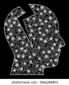Sparkle net mesh head migrain ache with glowing spots. Vector carcass based on head migrain ache icon, and with intersected lines. Sparkle frame polygonal head migrain ache on a black background.