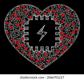 Sparkle net mesh heart pacemaker with glowing spots. Vector carcass created from heart pacemaker icon, and from crossed lines. Bright carcass mesh heart pacemaker on a black background.