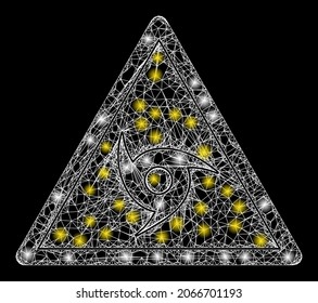 Sparkle net mesh hurricane danger with glowing spots. Vector grid generated from hurricane danger icon, and with intersected lines. Sparkle carcass mesh hurricane danger on a black background.