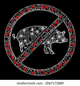 Sparkle net mesh no pig with light spots. Vector frame generated from no pig icon, and from crossing lines. Sparkle carcass mesh no pig on a black background.