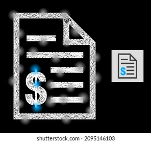 Sparkle net mesh price list icon with lightspots and white mesh on a black background. Light vector constellation based on price list symbol, with linear white mesh and scattered light spots.