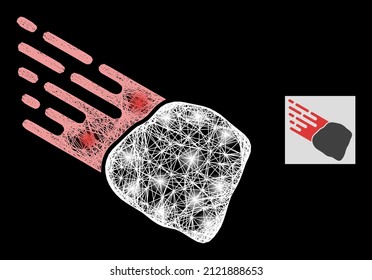 Sparkle net mesh stone meteorite with light spots on a black background. Illuminated vector structure based on stone meteorite icon, with intersected net and light spots.