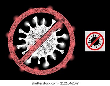 Sparkle net mesh stop microbe with glowing spots on a black background. Bright vector mesh is based on stop microbe glyph, with intersected net and light spots.