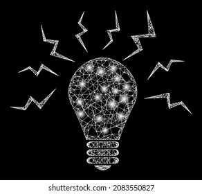 Sparkle net mesh ultraviolet bulb with glowing spots. Vector frame based on ultraviolet bulb icon, and with crossed lines. Glowing carcass mesh ultraviolet bulb on a black background.