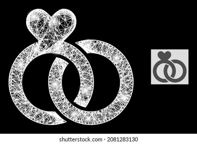 Sparkle net mesh wedding rings with light spots on a black background. Bright vector model created from wedding rings glyph, with intersected net and light spots.