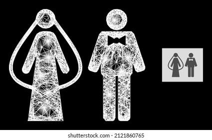 Sparkle net mesh weds persons with glowing spots on a black background. Light vector structure is based on weds persons icon, with irregular net and light spots.