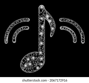 Música de red espumosa con focos. Modelo vectorial basado en el icono de la música y con líneas cruzadas. Espuma música poligonal en canal sobre un fondo negro.