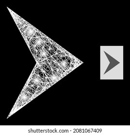 Sparkle Netz rechte Richtung mit hellen Flecken auf schwarzem Hintergrund. Das helle Vektornetz basiert auf der richtigen Richtung der Glyphe, mit unregelmäßigem Netzwerk und Lichtpunkten.