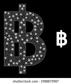 Sparkle network bitcoin currency with light spots. Vector frame based on bitcoin currency icon. Illuminated frame polygonal bitcoin currency on a black background.