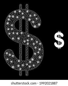 Sparkle network dollar with glowing spots. Vector carcass based on dollar icon. Sparkle frame polygonal dollar on a black background.