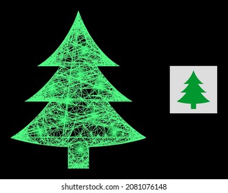 Sparkle network fir tree with light spots on a black background. Illuminated vector mesh is created from fir tree glyph, with hatched mesh and light spots.