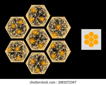 Sparkle network honeycombs with glowing spots on a black background. Light vector constellation is based on honeycombs picture, with linear network and light spots.