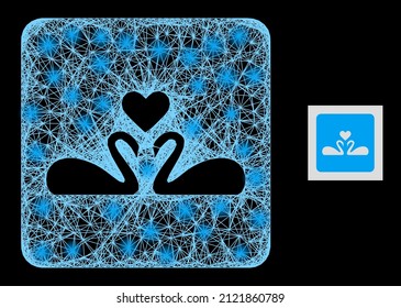 Sparkle network love swans with light spots on a black background. Light vector model is based on love swans pictogram, with hatched network and lightspots.